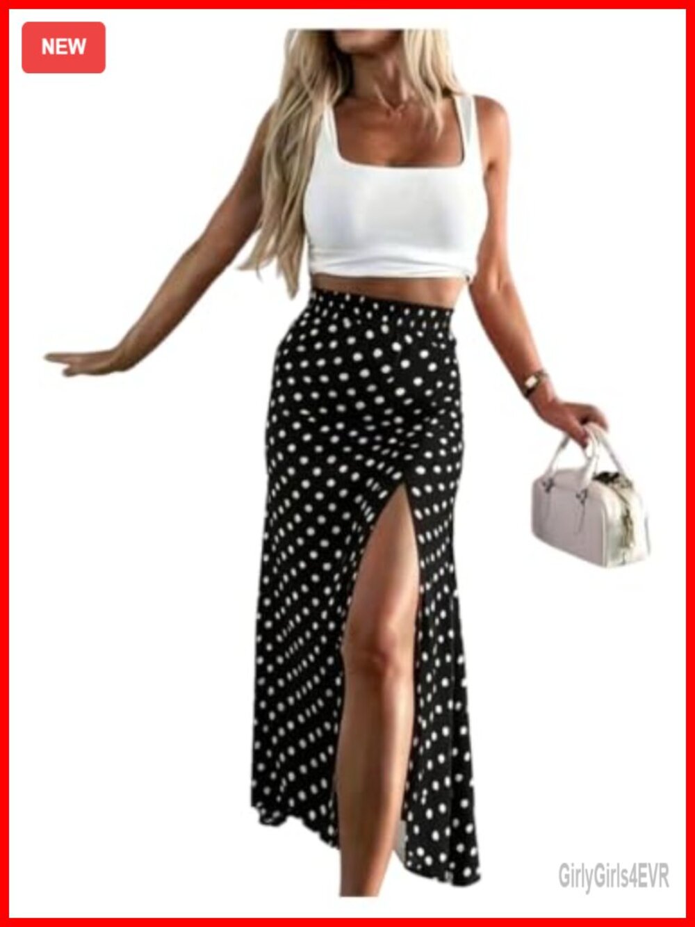 A-Line Maxi Skirt High Slit High Waist Polka Dot